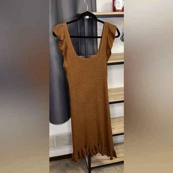 House of Harlow 1960 Square neck Brown Knit Ruffle Hem Midi Tank Dress S - Picture 5 of 6